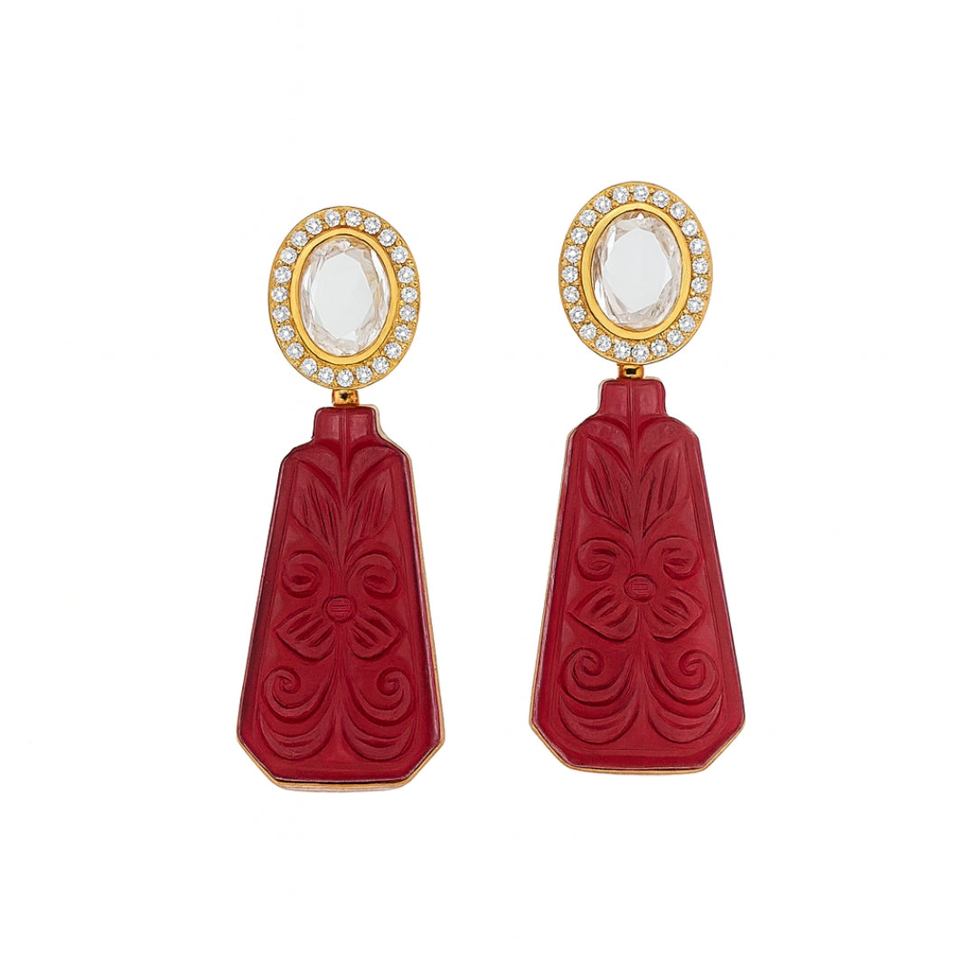 Gold Plated Silver Carved Stone Earring