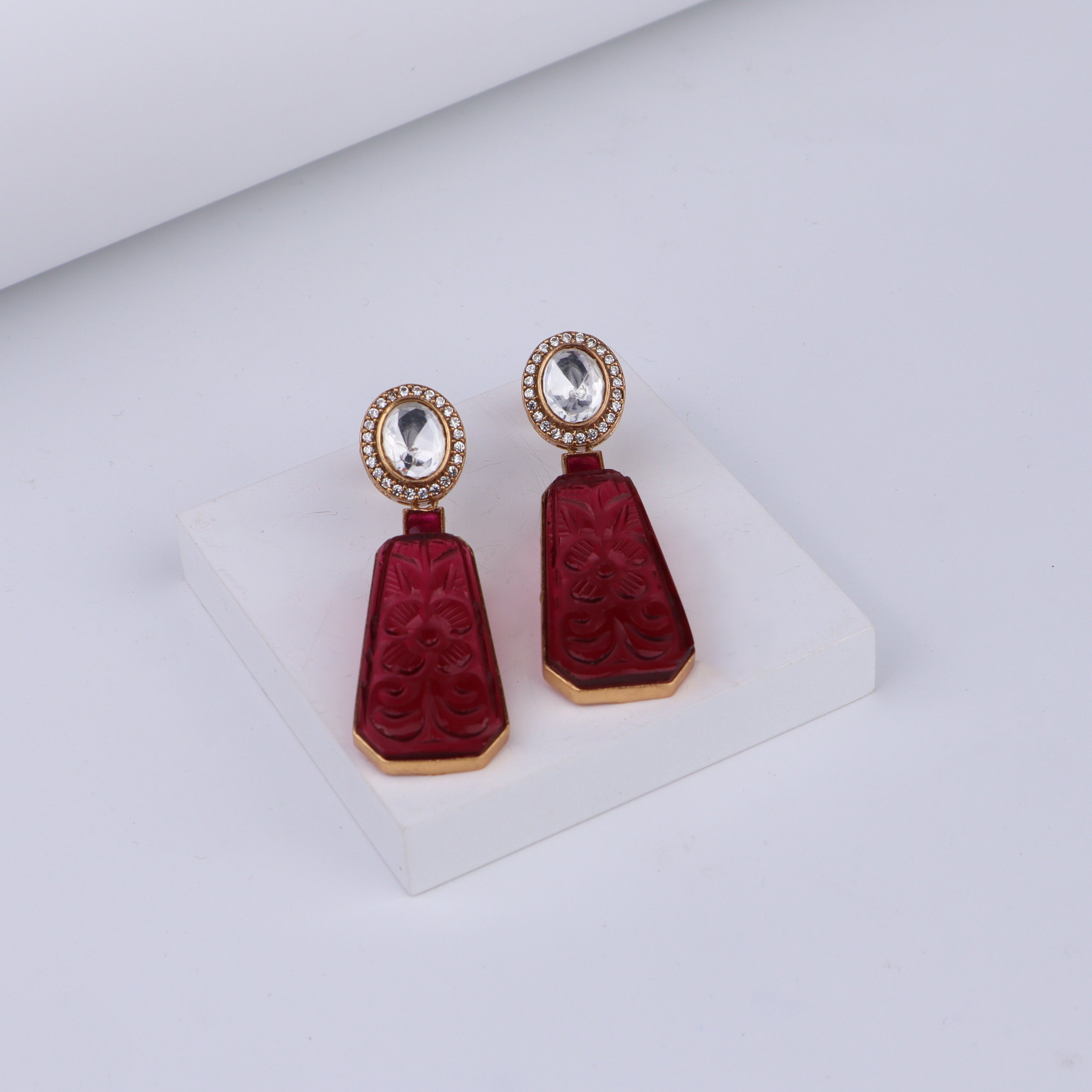 Gold Plated Silver Carved Stone Earring
