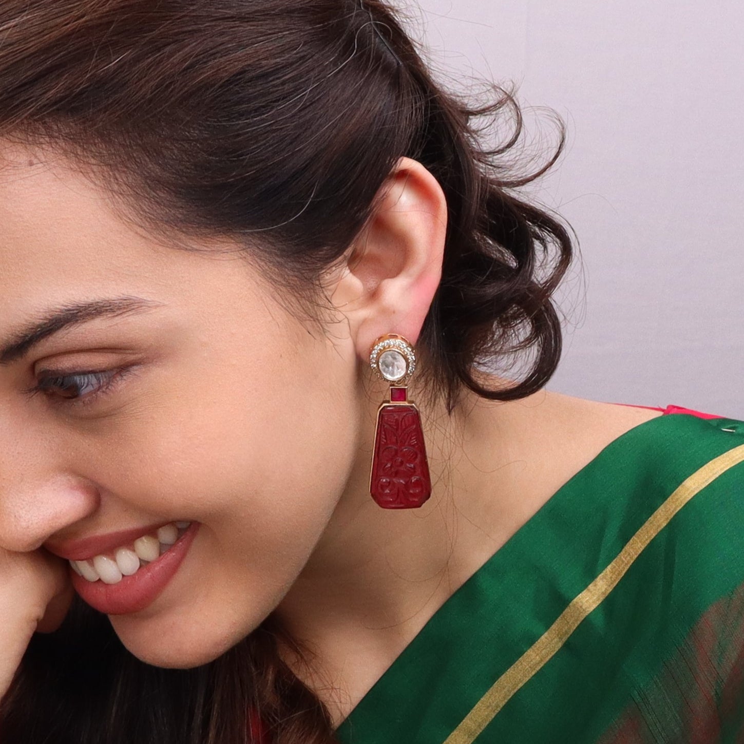 Gold Plated Silver Carved Stone Earring